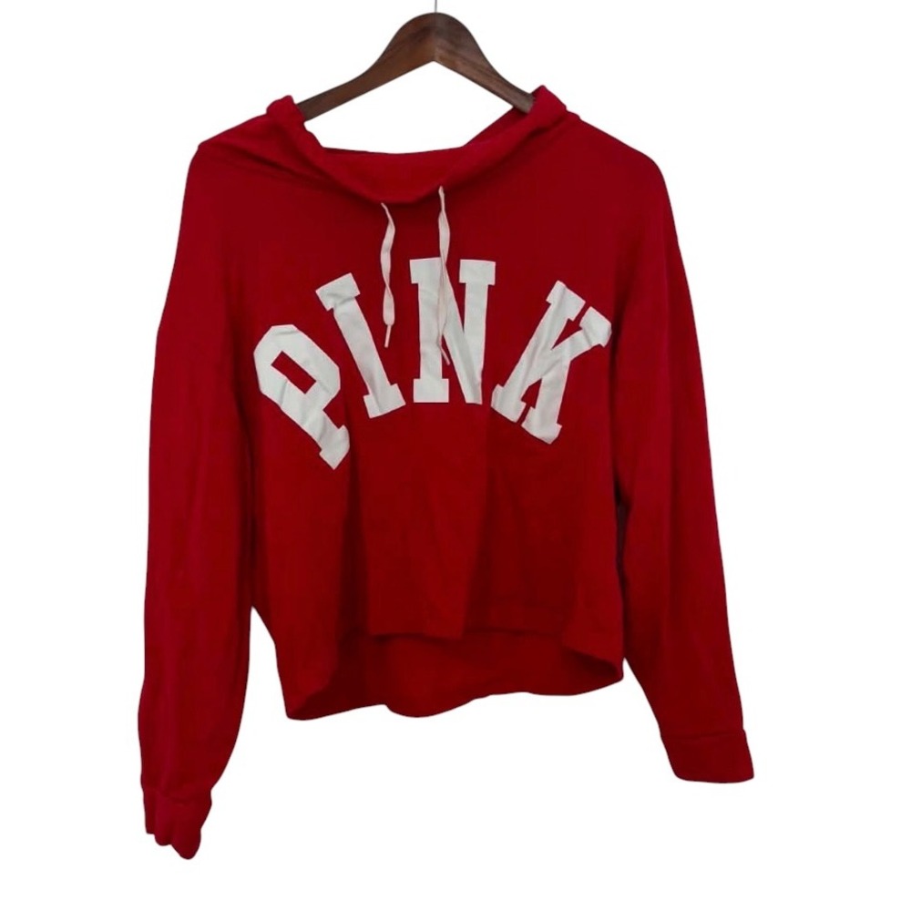 PINK Victoria's Secret Hoodie Women Medium Red Excellent Cropped Pullover Logo